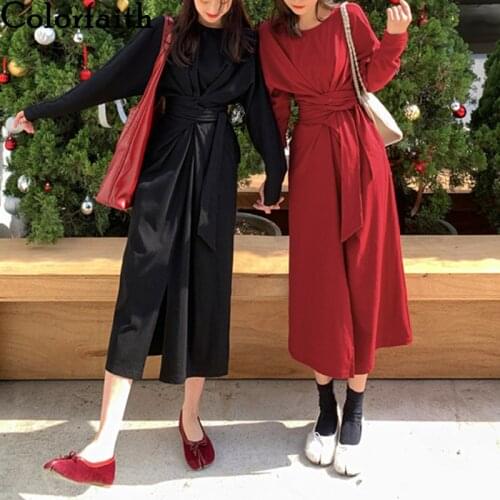 Colorfaith New 2021 Womens Spring Autumn Dresses Fashionable Korean Style Elegant Lace Up Split Vintage Red Long Dress DR30108