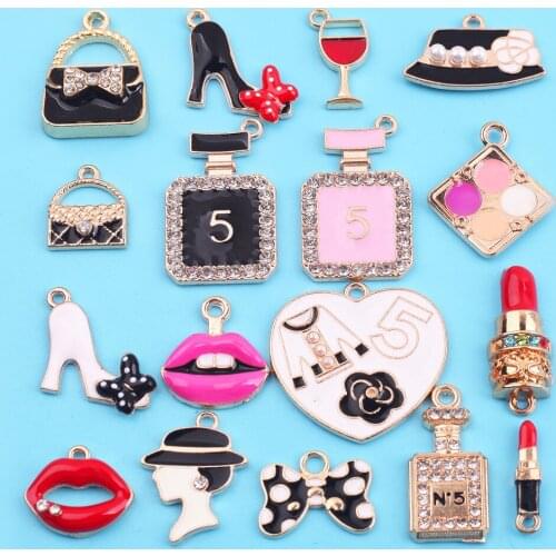 Hot Sales 17 Pieces/lot High Quality Metal Lips Bottles Make Up Tools Bow Necklace Earrings Charms DIY Jewelry Making Supplies