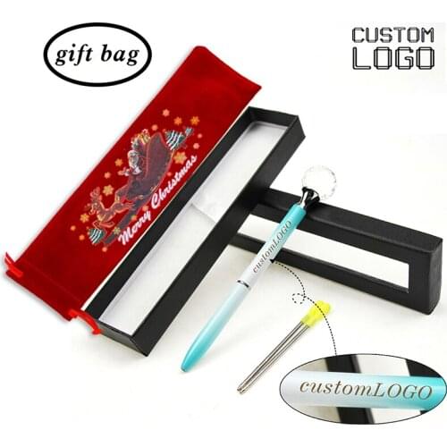 Christmas Gift LOGO Custom Diamond Ballpoint Pen Fashion NewYear Creative Crystal Gem Gift School Office Supplies Pen Box Bag