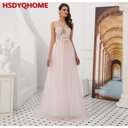 HSDYQHOME Pink Evening Dress Sexy Illusion Mesh Beading Stripe Princess Style 2019 Fashion Colorful Sequin Cyan Girl Dress
