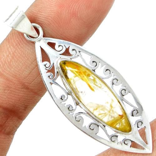 Hand made Genuine Golden Rutile Pendant, 100% 925 Sterling Silver, 55mm, 6.6g, KP0056