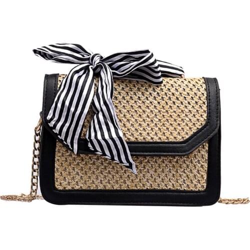 Chic Flap Rattan Straw Crossbody Bags Chain Shoulder Bags Summer Women Handbag Small Tote Purse ins Fashion Travel Clutch#30