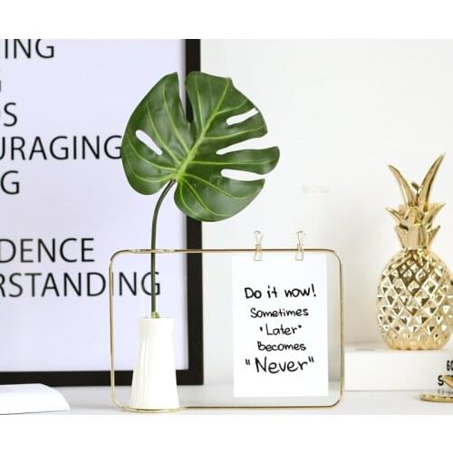 Modern Ceramic Flower Vase with Photo Clip Postcard Holder Golden Black Metal Shelf Home Decorative White Vase