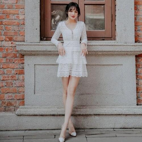 High-end Elegant Evening Party Dress Autumn Cascading Ruffle Mini Lace Dress Women Long Sleeve V Neck Ladies Dresses Vestidos