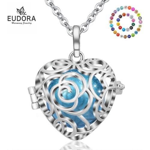 Eudora 18 mm pregnancy bola Pendant Necklace with sound Mexican Bola Heart Rose flower Cage Locket Fine Jewelry for Women K335