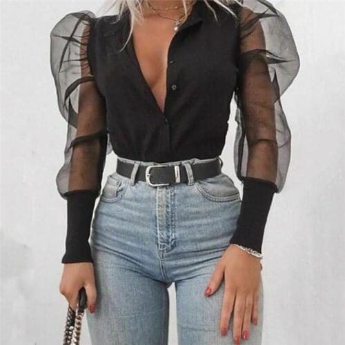 New Women Sexy V Neck Mesh Puff Sleeve Blouse Elegant Basic Casual Shirt Female Stylish OL Clubwear Through Shirt