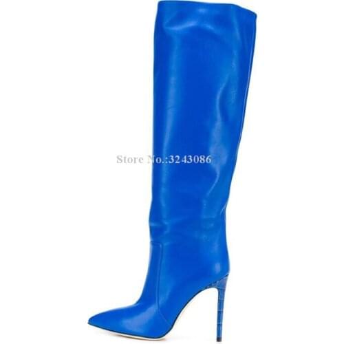 Woman New Blue Black Leather Long Boots Sexy Pointed Toe Stiletto Heel Knee High Boots Lady Fashion Winter Boots Large Size