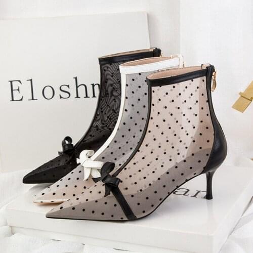 Korean Version Of Sweet And Thin Perspective Polka Dot Mesh Hollow High Heels WomenS Shoes Stiletto High Heels Pointed Toe Boot