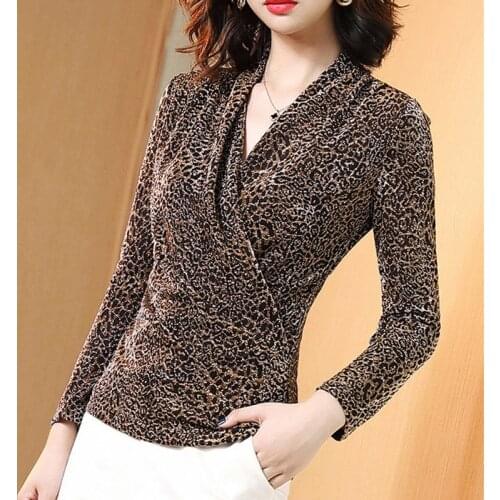 Women Spring Autumn Style Lace Blouses Shirts lady Casual Short Sleeve V-Neck High elastic Leopard Lace Blusas Tops DD8903