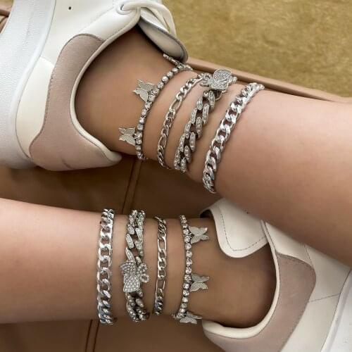 4 pieces Hot Sale Hip Hop Butterfly Anklet Woman Fashion Alloy Rhinestone Animal Cuba Chain Charm Beach Beach Combination Party