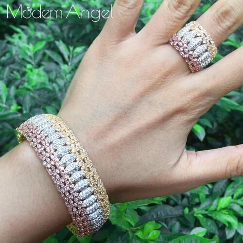 ModemAngel Luxury Cubic Zirconia Three Color Women Wedding Party Bangle Bracelet and Rings Sets Bridal Costume Jewelry