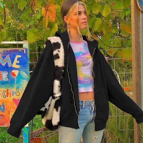 Women Rihnstone Printed Hooded Sweater 90S Y2K Oversized Hoodie Casual Vintage Sweatshirts Zip Up Solid Color / Letters Cardigan