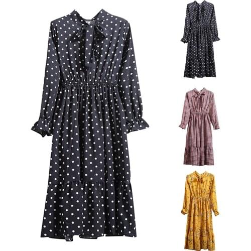 Women Bowknot Nack Bottoming Dress Slim Long-sleeved Elastic Waist Mid-length DOT Print Spring Autumn Elegant Ladies Dresses