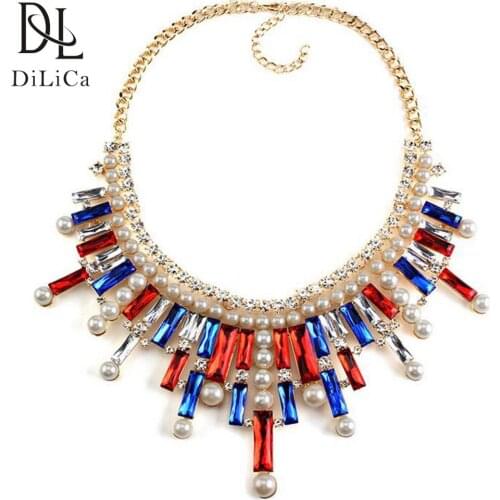 DiLiCa Gorgeous Crystal Statement Necklace for Women Imitation Pearl Maxi Necklaces Chokers Vintage Colored Necklaces & Pendants