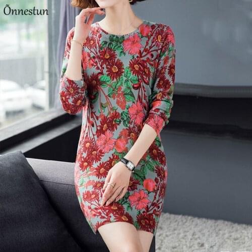 Floral Print Long Sweaters Dress Autumn Womens Clothing Long Sleeve Top Femme Pullover Plus Size Elasticity Sweater Women