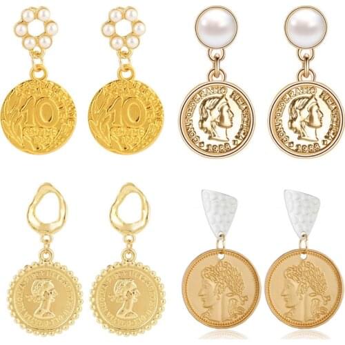 1pair Vintage Alloy Imitation Coin Shape Earrings Creative Design Ear Stud Punk Gold Women Girl Jewelry Gift E004