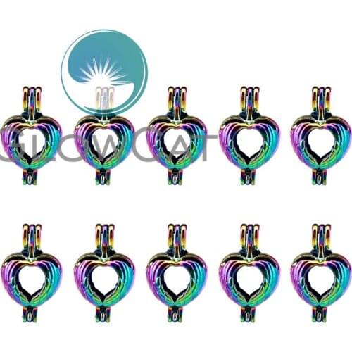 10x C537 Rainbow Heart Wings Stone Beads Cage Jewelry Making Perfume Essential Oil Diffuser Pearl Cage Locket Pendant