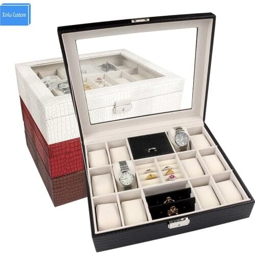 2017 Luxury Large Brand Fashion New Leather Wooden 12 Grids+3 Slots Watch&Jewelry Ring Case Box Collect&Display Gift Women Box