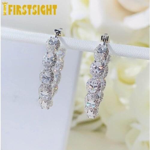 2021 New 35mm Iced Oval 5A CZ Hoop Earring Gold Silver Color Cubic Zirconia Paved Geometric Bling Medium Earrings Women Jewelry