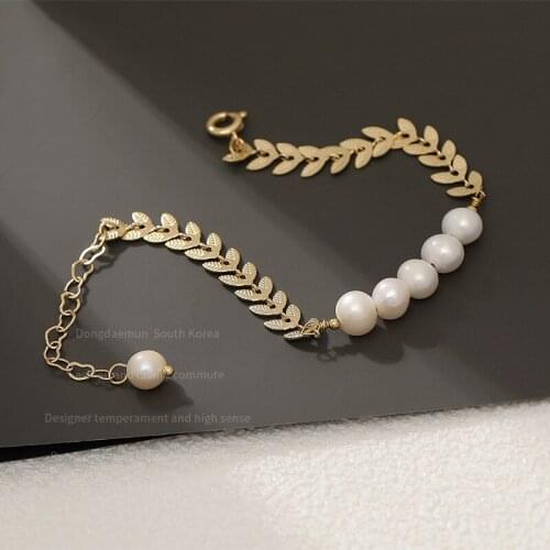 14k Bag Golden Wheat Ear Leaf Natural Freshwater Pearl Bracelet Ins Niche Design Bracelet South Korea 2021 New Jewelry