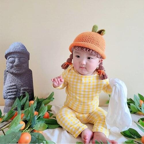 New Children Baby Apple Hat Hair Pigtail Braid Wig Cap 2021 Winter Warm Knitted Infant Kids Hats Caps Orange Photography Props