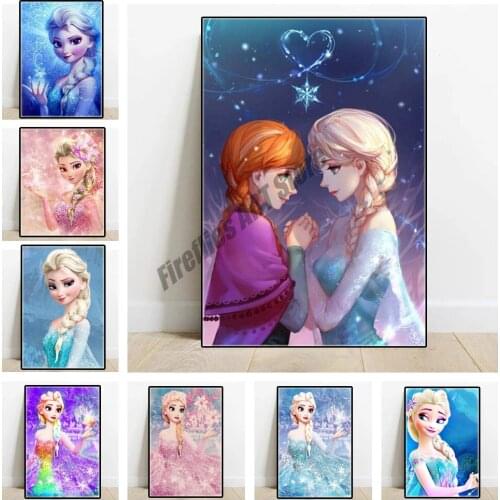 Disney Canvas Painting Frozen Princess Posters Anna & Elsa Cartoon Figure Prints Wall Art Pictures for Living Girls Room Decor