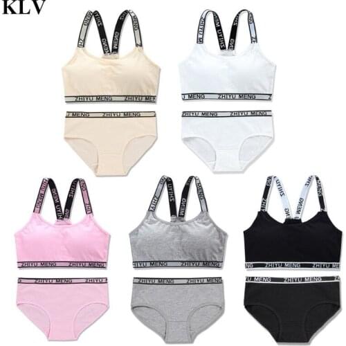 KLV Teen Girls Underwear Soft Padded Cotton Letter Print Breathable Bra Set for Young Girls for Yoga Sports Running Free Size