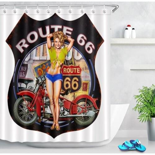 LB Motorcycle Travel Historic Retro Trip Sexy Girl White Shower Curtain Route 66 Fabric And Mat Set Bathroom For Bathtub Decor