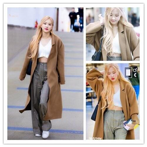 Kpop korean Celebrity ROSE fashion wool women Coat Long Slim Outerwear ladies Retro palace style new large pocket Jacket Clothes