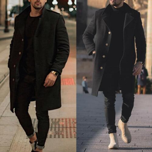 Mens Winter Slim Wool Trench Coat Single-Breasted Overcoat Long Jacket Outwear