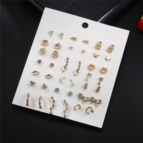 Punk 21Pairs/Set Brincos Mixed Stud Earring Sets For Women Crystal,Pearl,Flowers,Key,Star,Bow,Moon,Elephant Earrings Jewelry
