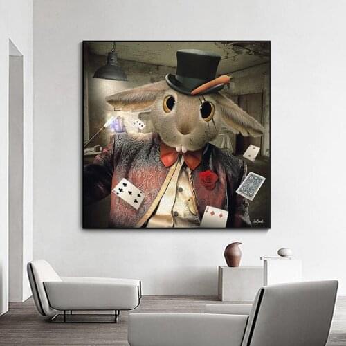 Nordic Magician Bunny Vintage Big Canvas Painting Art Posters and Funny Animals Prints Wall Picture for Living Room Cuadros