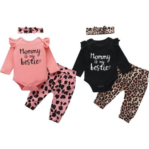 2020 New Fall Autumn Baby Girls 3Pcs Outfits Long Sleeve Letter Print Bodysuit+Leopard Trousers+Headband Infant Clothes