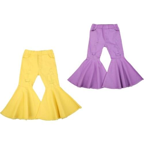 Autumn Kids Girl Flare Pants Ruffle Trousers Solid Color Ripped Hole High Waist Clothes Keep Warm