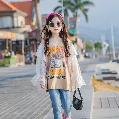 Girls' Casual Tops Fashion Letters Cartoon Pullovers Spring And Autumn Girls O-neck 2-color Lace Long-sleeved T-shirt 4-12 Years
