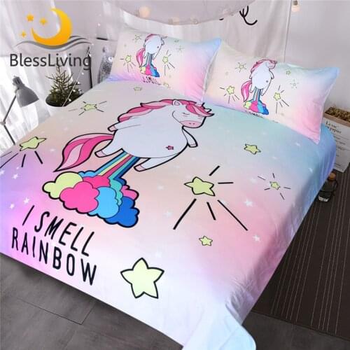 BlessLiving Cute Unicorn Bedding I Smell Rainbow Duvet Cover Purple Yellow Pink Blue Bedspreads Cartoon Bed Set for Kids Girls