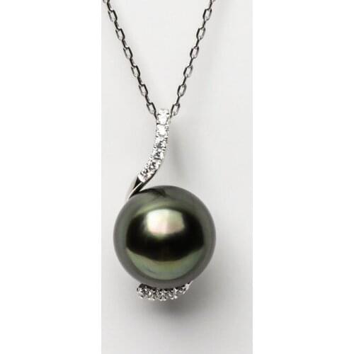 Luminous 12.5mm Round Real Tahitian Cultured Green Pearl Pendant 14k White Gold Free Shipping