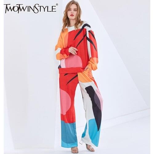 TWOTWINSTYLE Casual Two Piece Set For Women O Neck Long Sleeve Tops High Waist Wide Leg Pants Print Loose Sets Female 2021 New