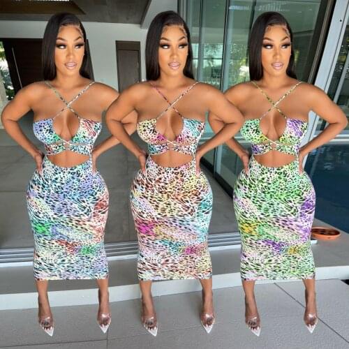 Streetwear Colorful Leopard Print Lace Up Halter Long Dress Sexy Cross Strap Hollow Out Skinny Summer Party Club Dress Outfit