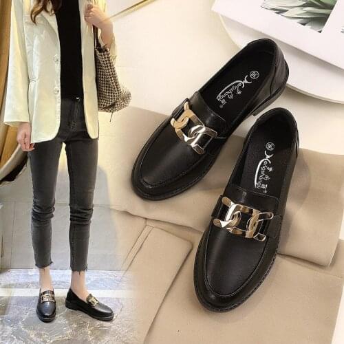 British Metal chain oxford shoes women round toe brogue slip on thick heels loafers ins metalic buckle flats woman derbies 2021