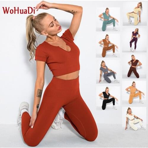 WOHUADI Summer Fitness Suit Women Clothing Seamless Yoga Sport Bra Gym Crop Top Shirt Set Sportswear Workout High Waist Leggings