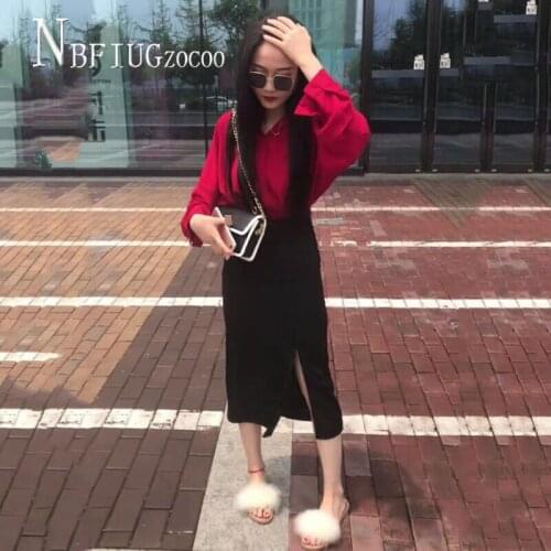 Society Long Sleeve Blouse And Slit Package Hip Skirt Women Sets