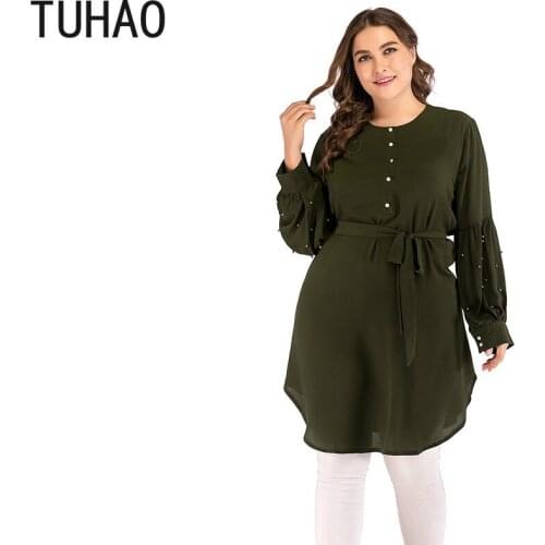 TUHAO 2020 European and American Fashion Large Size Womens Loose Beaded Long-sleeved Round Neck Loose Tie Shirt for Mother WM62