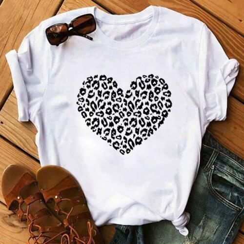 Womens T-shirts Summer New Black Heart Leopard T-shirt White O-neck Soft Female T-shirt Valentines Day Gift Women Tops
