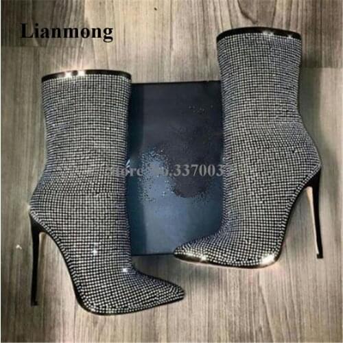Women Unique Style Pointed Toe Bling Bling Rhinestone Thin Heel Short Boots Black Beige Crystal High Heel Ankle Boots Club Shoes