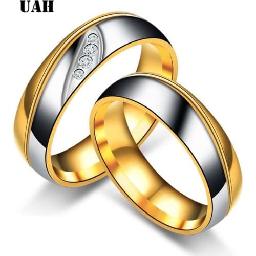 UAH Trendy Wedding Bands Rings for Women / Men Love Gift Gold-color Stainless Steel CZ Promise Couple Jewelry