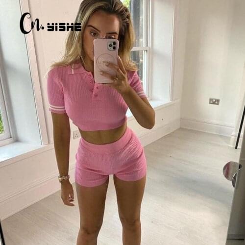 CNYISHE 2020 Streetwear Sweet Two Piece Set Women Sets Suits Fashion Short Sleeve Crop Tops Fitness Biker Shorts 2-Pieces Women