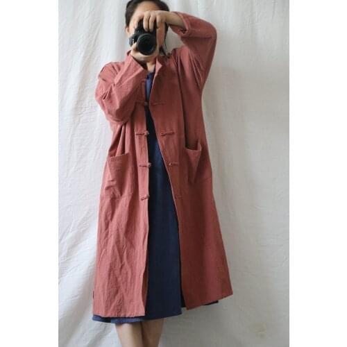 Women Loose Ramie Trench Coat Outerwear Ladies Autumn Solid Color Vintage Long Coat Female 2020 Coat