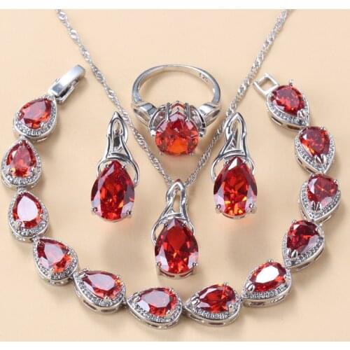 AAA+ Quality Cubic Zirconia Wedding Costume 925 Silver Red Jewelry Sets Water Drop Bracelet Ring With Earrings Women Sets
