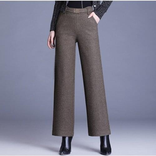 Winter Fall Fashion Womens Elastic High Waisted Wide Leg Ankle Length Woolen Trousers , Casual Elegant Woman Wool 5xl Pants